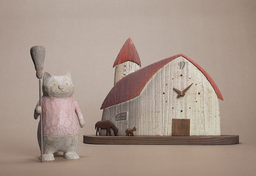 猫の木彫「ひとやすみ」 山田太志 木の時計 黒田岬